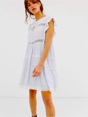Free People White Mini Dress with Blue Dot Motif